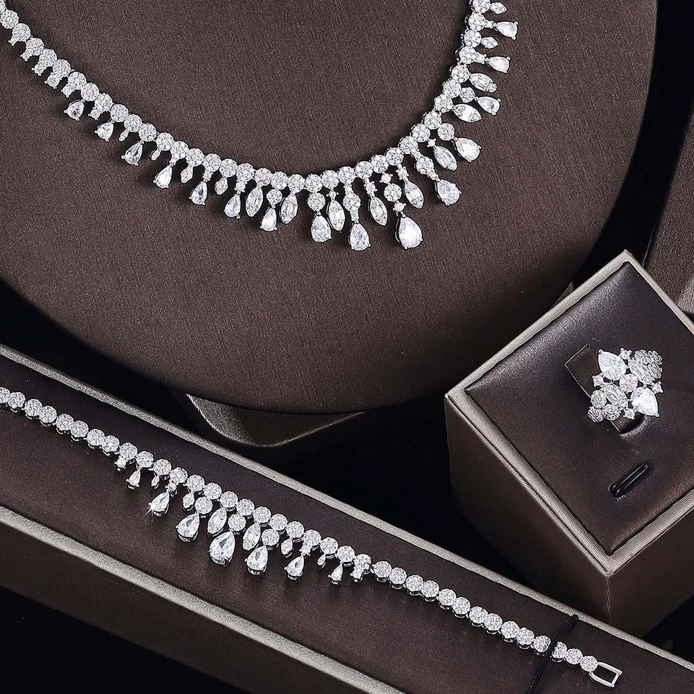 Luxury Brilliant Cubic Zircon Ear Drop Necklace Heavy Dinner Jewelry Set Wedding Bridal Dress Accessories