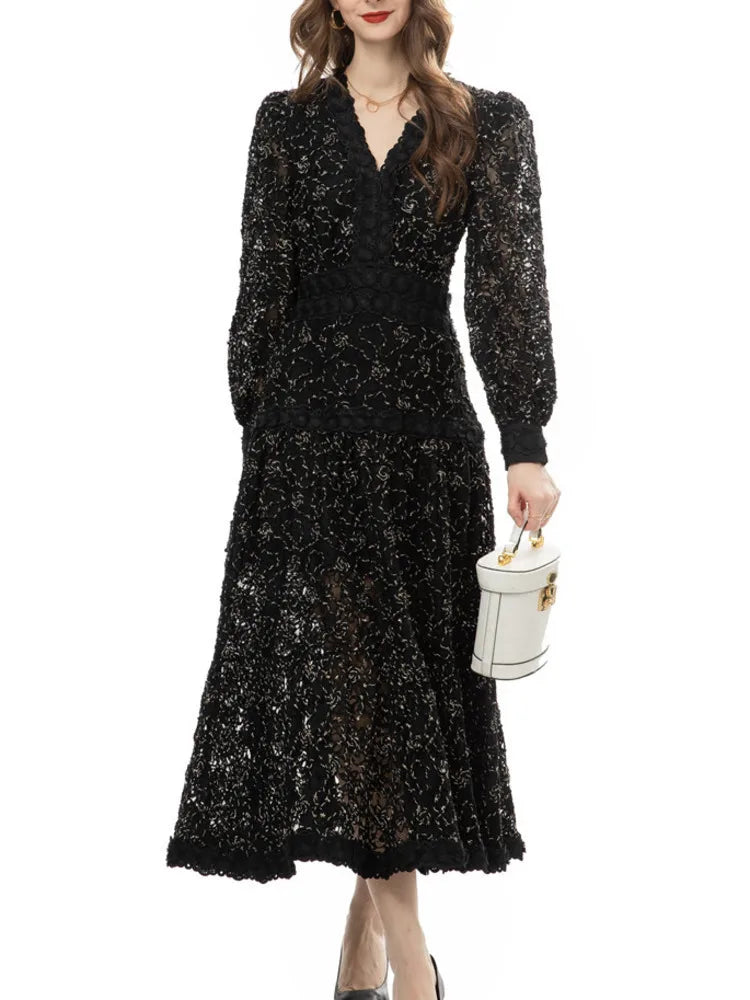 XIWEN Hollow Out Embroidery Spliced Lantern Long Sleeve Black Big Swing Dresses For Women Lace Party Evening Dress 2024 Spring