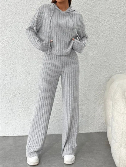 New Casual Knitted Striped Long Hooded Sweatshirt Loose Long Sleeves and Trousers Fashion Suit