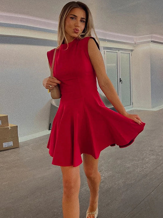 Half High Collar Sleeveless Sexy Mini Dress For Women Fashion Solid Red High Waist A-line Club Pleated Sexy Dress