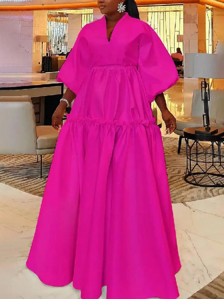 Women Minimalist Solid Color Puff Sleeves Falbala Party Evening Dress 2025 New Spring Autumn Loose Casual Maxi Dresses