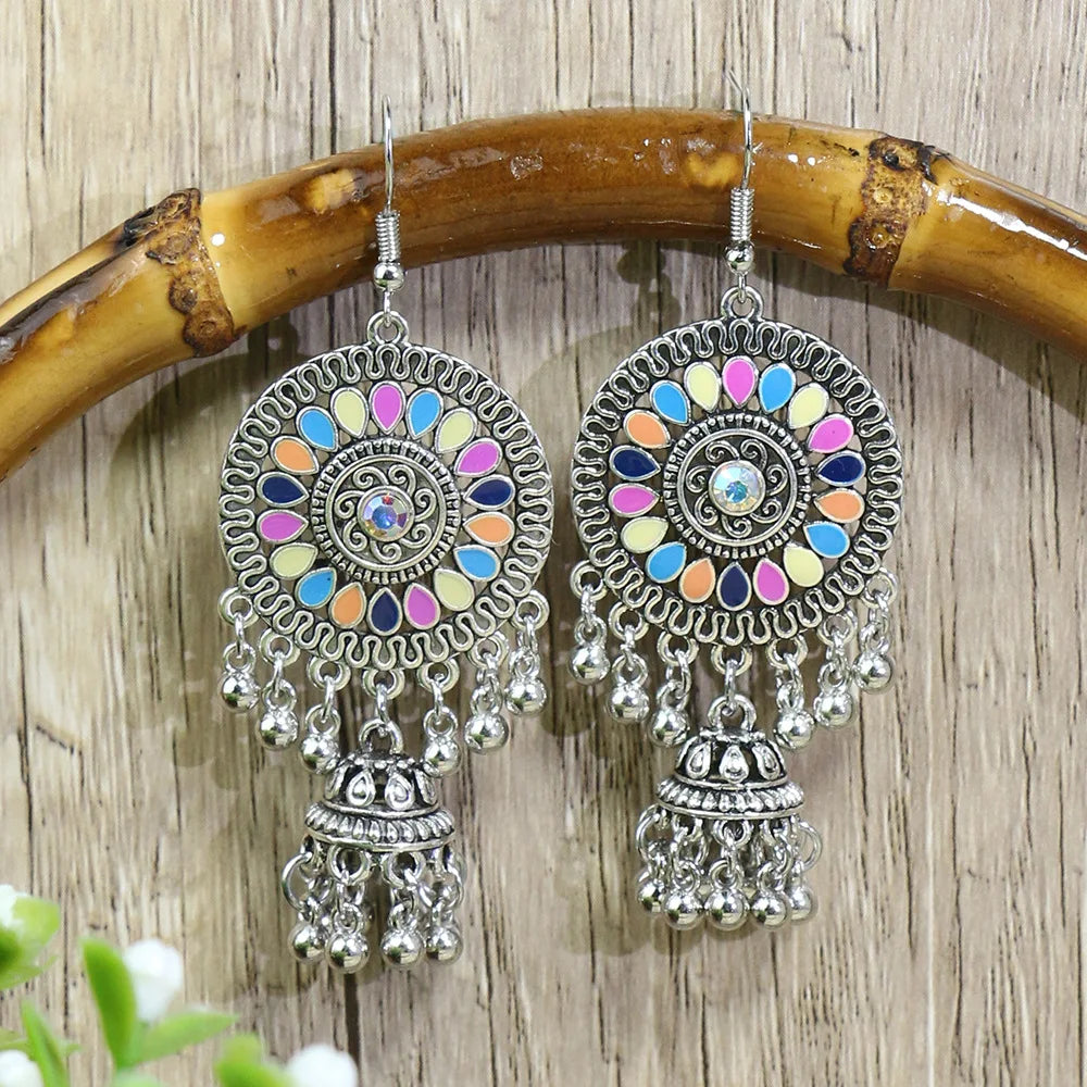 Boho Women Colorful Flower Round Earring Set Indian Jhumka Necklace for Ladies Retro Antique Silver Plated Beads Tassel Jewelry