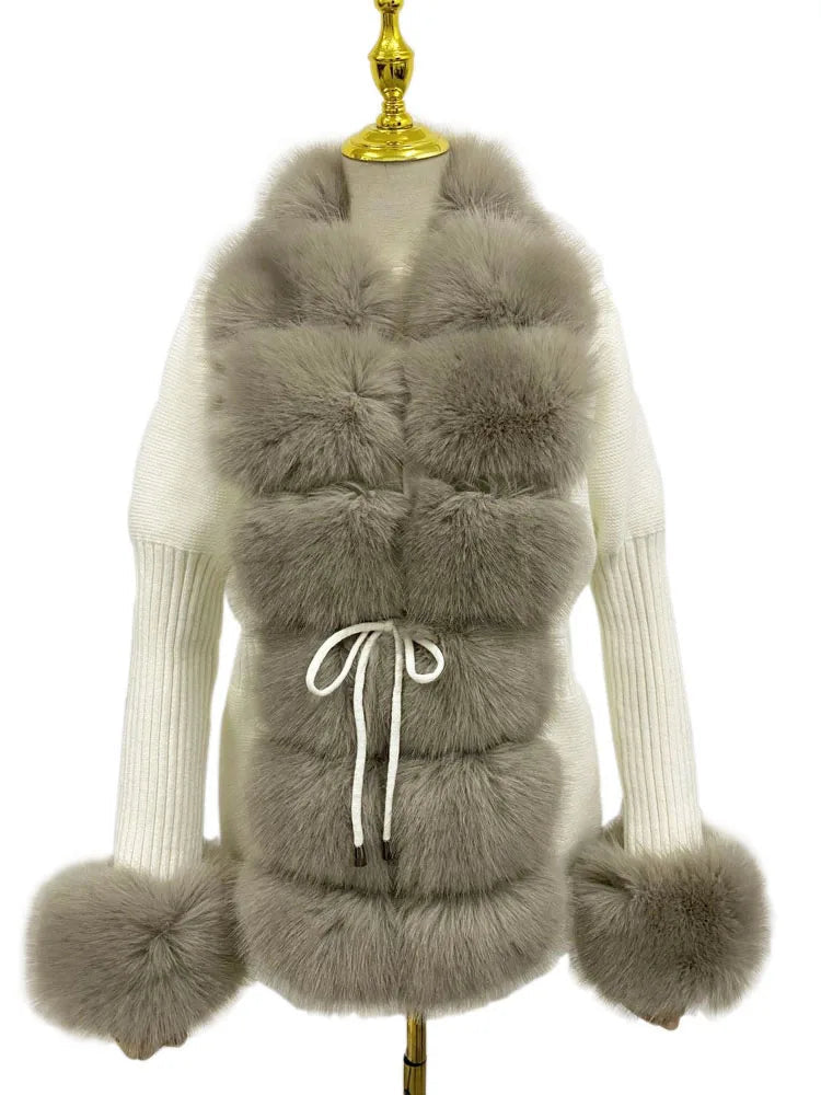 Luxury Fur Cardigan Knit Winter Sweater Women Elegant Detachable Fur Belt White Pink Black Womens Cardigan Korea Style