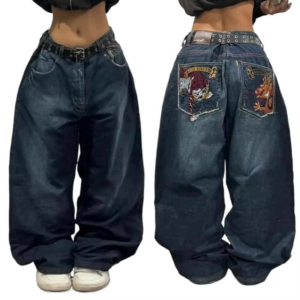 American New Fashion Multi-pocket Washed Baggy Jeans Women Vintage Hip Hop High Waist Casual Wide Leg Pants