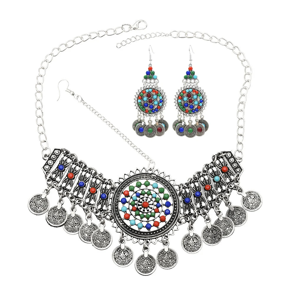 Traditional Gypsy Afghan Boho Ethnic Coins Jewelry Sets Colorful Acrylic Rhinestone Earrings Bracelet Hair Accessories for Women