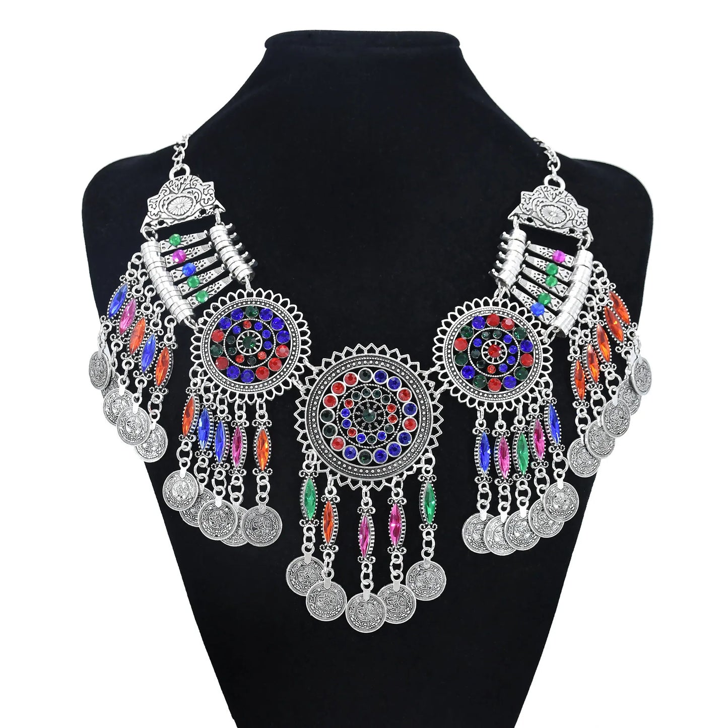 Colorful Crystal Bead Coin Ethnic Choker Necklace Drop Earrings Set For Women Retro Gypsy Afghan Traditional Dress Jewelry Sets