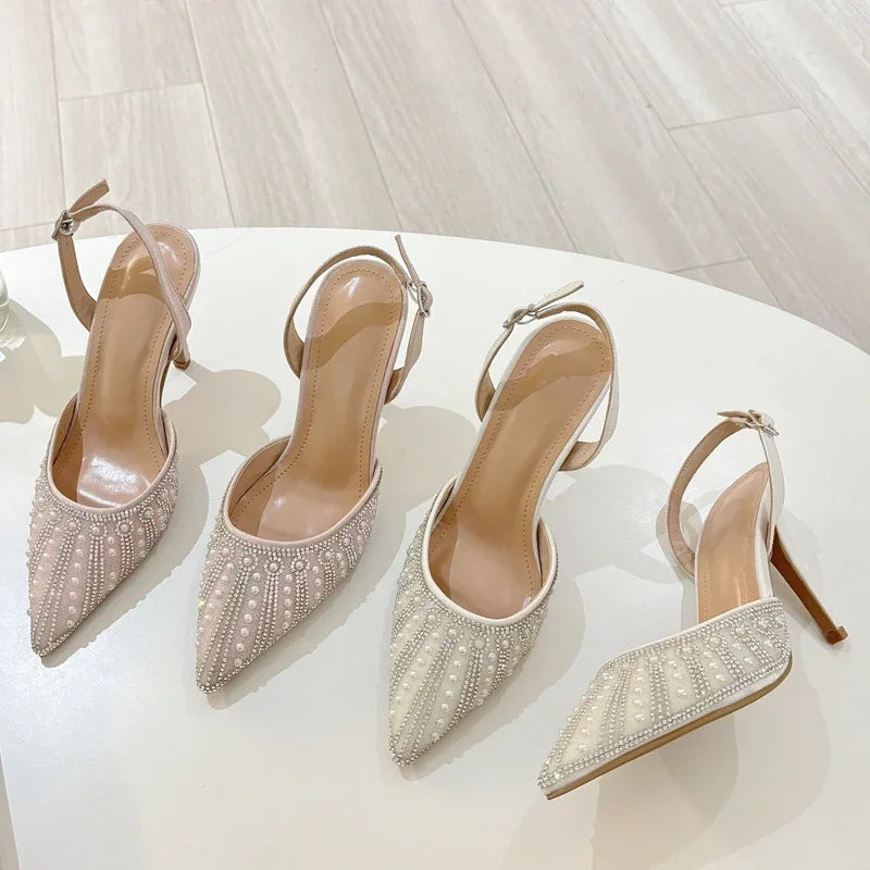 Street Style Crystal Bead Buckle Strap Women Pumps Sandals Sexy Pointed Toe Thin High Heels Banquet Party Mule Shoes