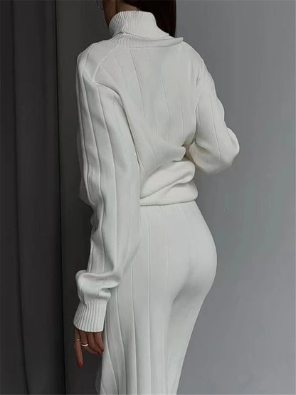 Autumn Winter 2 Pieces White Women's Sets Knitted Tracksuit Turtleneck Sweater and Straight Jogging Pant Suits 2023 New