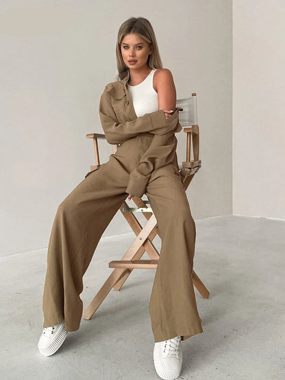 Khaki Long Jumpsuits Women 2025 Streetwear Long Sleeve Single Breasted Overalls Casual Green Loose Pants Jumpsuits