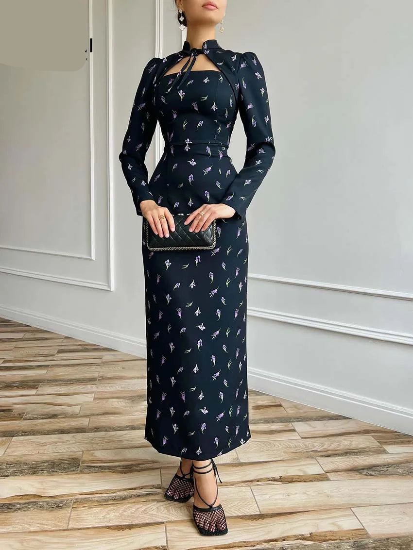 Black Print  Stand Neck Long Sleeve Lace-Up Dresses Casual Straight Ankle-Length Dresses