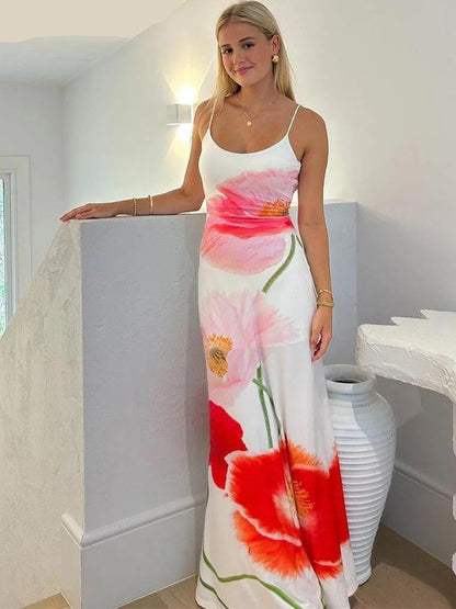 Eyellcart Summer Flowers Camis Dress Women 2025 New Trend Sleeveless Soft Stretch Sweet Maxi Bodycon Skinny Elastic Vestidos