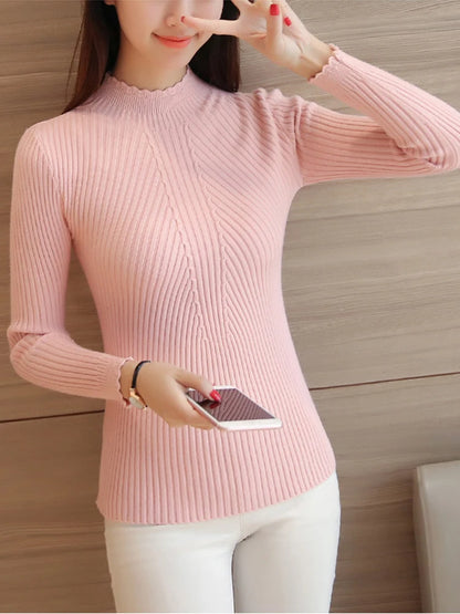 Autumn Women Mock Neck Ruffles Sweater Long Sleeve Knitted Bottoming Solid Pullovers Stripe Women Casual Sweater Winter