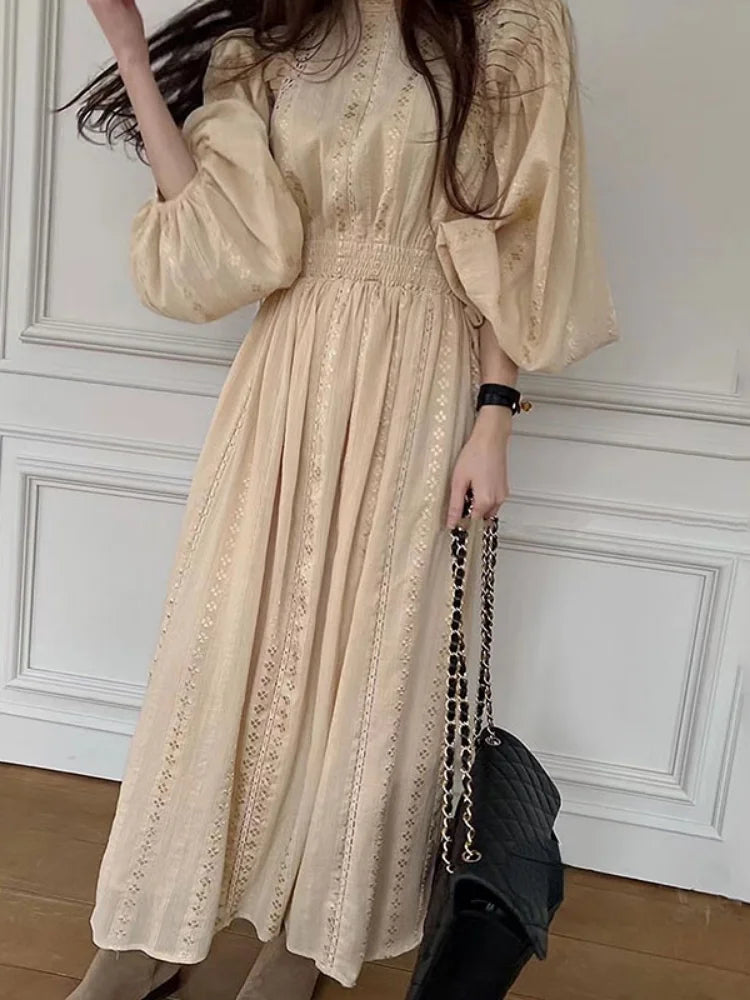 Elegant Women Stand Neck Embroidery Jacquard Dress Pleated Waist Lantern Sleeve Dresses 2025 Spring Autumn New Vestidos