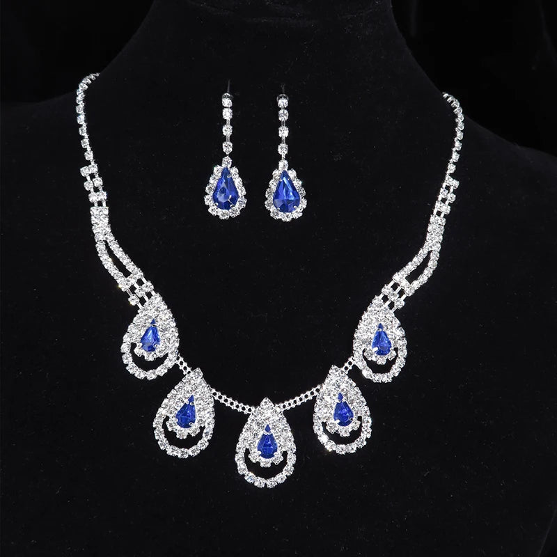 Luxury Blue Rhinestone Silver Plated Wedding Party Necklace Earrings Set Fashion Blue Crystal Bridal Jewelry Set Ladies Gift