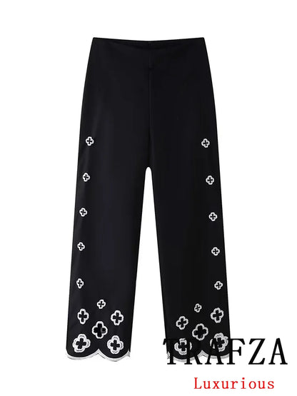 TRAFZA Vintage Casual Chic Women Suit Solid Black Embroidery Single Breasted Shirts Loose Long Pants Fashion 2024 Spring Sets