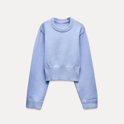 2025 New Knitted Women's Sweater Casual Round Neck Elastic Hem Wide Sleeve Crop Pullover Top Ladies Fashion Knitwear Jumper