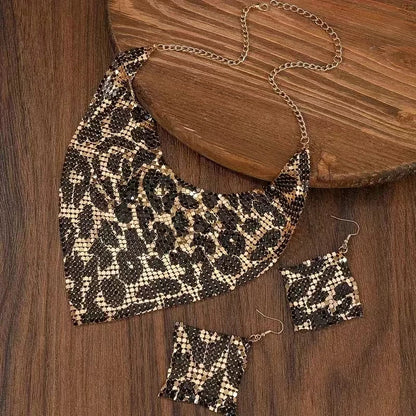 Fashion Leopard Print Jewelry Set, 3pcs, Sexy Bib Necklace & Dangle Earrings, Vintage Elegant Design, Versatile Stylish Accessor