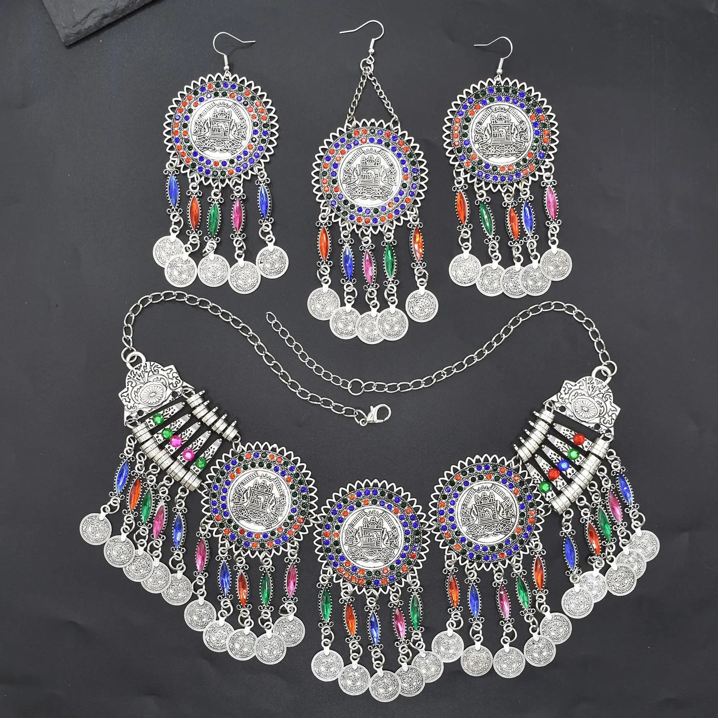 3pcs Indian Afghan Jewelry Sets Necklace Earrings Hairbands for Women Boho Ethnic Coins Tassels Colorful Crystal Drop Accessory