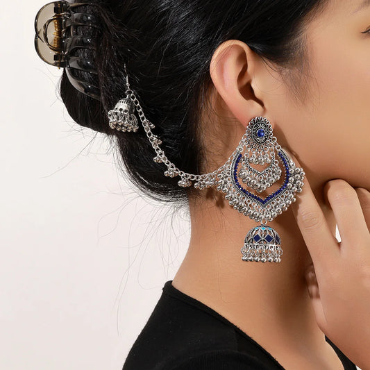 Ethnic Heart Shape Blue Crystal Earrings Vintage Silver Color Metal Hollow Tassel Earrings Female Wedding Jewelry Gift