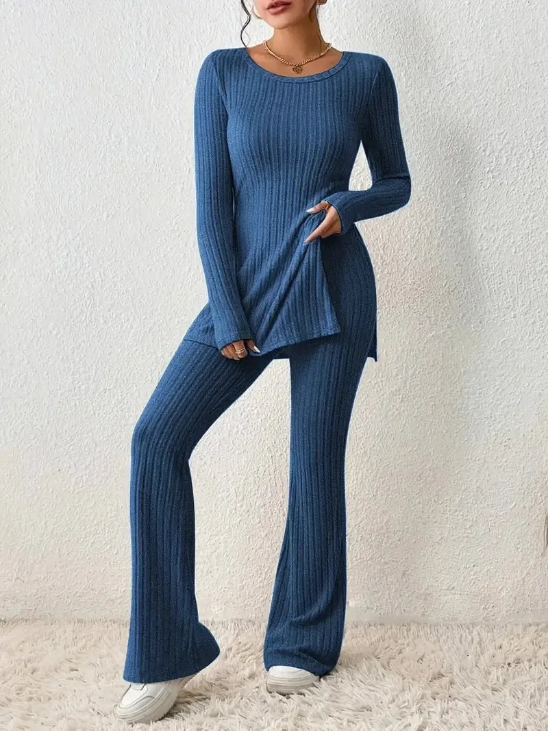 Autumn Winter Women's Clothing New Style Solid Color Sexy Casual Long Sleeved Round Neck Slit Fashion Temperament Two-piece Set