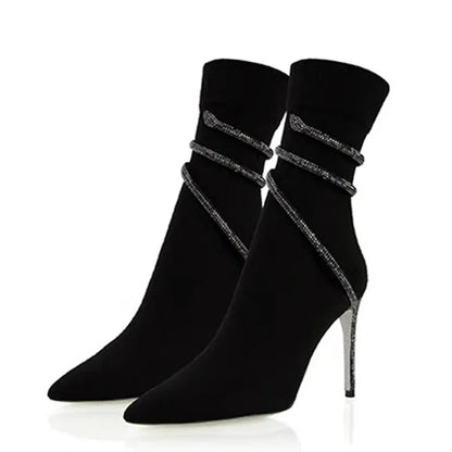 2025 Spring Autumn Crystal Rhinestone Wrap Strap Ankle Boots Women Night Club Thin High Heels Pointed Toe Ladies Shoes