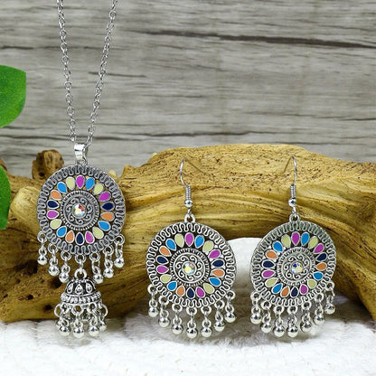 Boho Women Colorful Flower Round Earring Set Indian Jhumka Necklace for Ladies Retro Antique Silver Plated Beads Tassel Jewelry