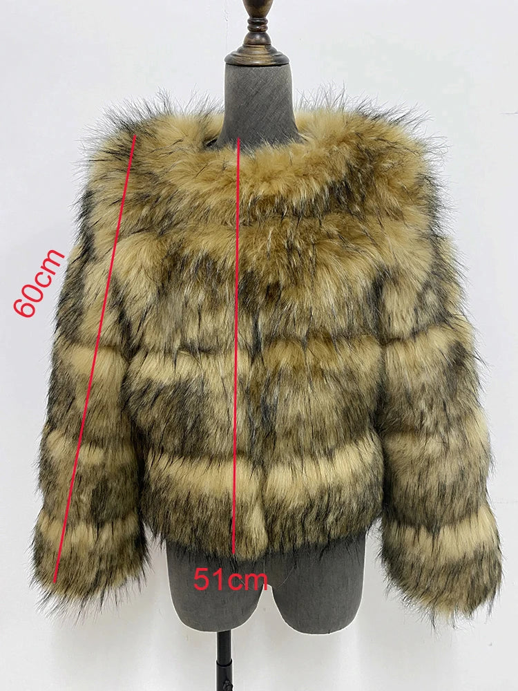 High Quality Cropped Faux Raccoon Fur Coat Women Winter Fashion O Neck Long Sleeve Fluffy Short Faux Fur Jacket Crop Top