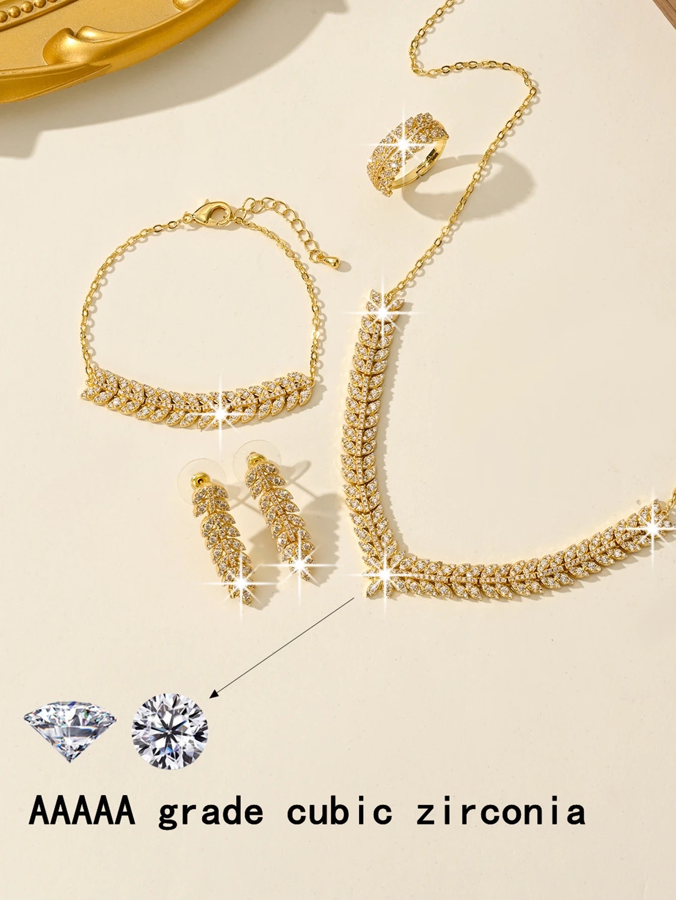 14K Gold Plated Zirconia 4-piece Fashion Wedding Accessories Jewelry Set