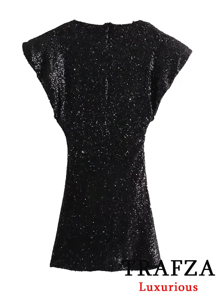 TRAFZA Sexy Sequined Black Mini Party Dress Women Short Sleeve O Neck Sleeveless Dress Fashion 2024 Summer Evening Club Dress