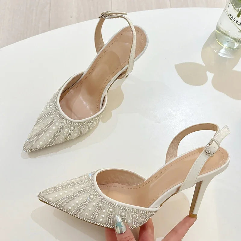 Street Style Crystal Bead Buckle Strap Women Pumps Sandals Sexy Pointed Toe Thin High Heels Banquet Party Mule Shoes