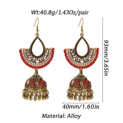 New Fashion Red Rope Water Drop Hollow Earrings Women's Ethnic Gold Plated Bell Tassel Crystal Earrings Gypsy Afghan Jewelry