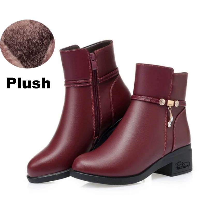 Women's Mother Female Genuien Leather Shoes Ankle Boots Winter Fur Plush Wool Warm Zipper