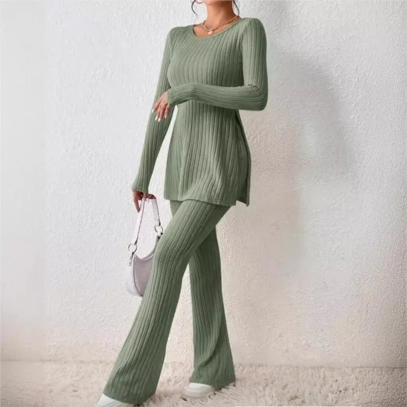 Autumn Winter Women's Clothing New Style Solid Color Sexy Casual Long Sleeved Round Neck Slit Fashion Temperament Two-piece Set