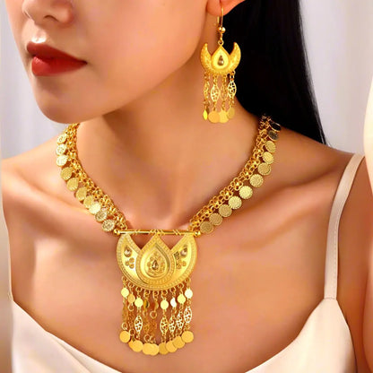 Women Arab Ethnic Golden Coins Crystal Moon Shape Necklace Earrings  Wedding Jewelry Set