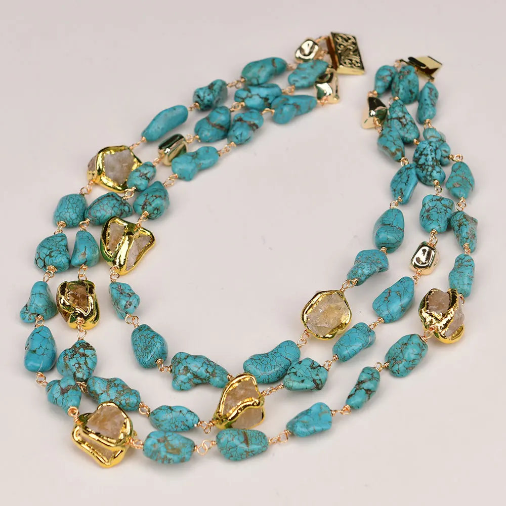 G-G 3 Rows Natural Stone Freedom Blue Turquoise Yellow Citrine Gold Plated Nugget Necklace