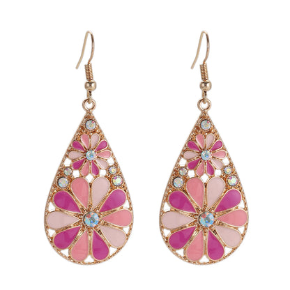 Retro Multicolor Flower Crystal Earrings for Women Boho Hollow Water Drop Pendant Earrings Girls Fashion Jewelry Gift