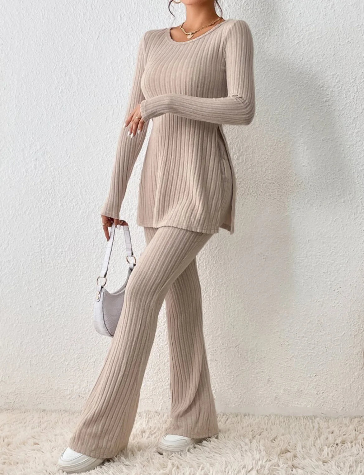 Autumn Winter Women's Clothing New Style Solid Color Sexy Casual Long Sleeved Round Neck Slit Fashion Temperament Two-piece Set