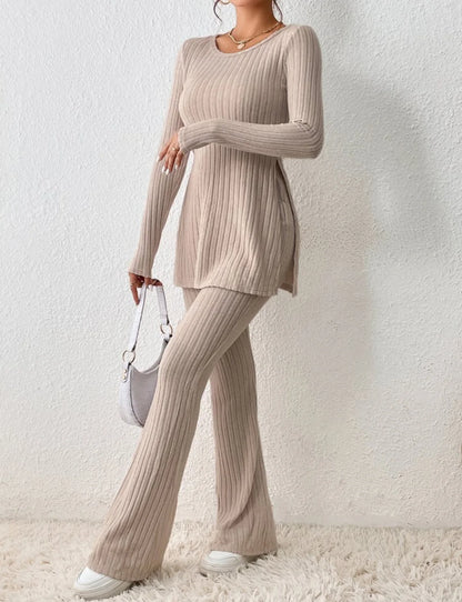 Autumn Winter Women's Clothing New Style Solid Color Sexy Casual Long Sleeved Round Neck Slit Fashion Temperament Two-piece Set