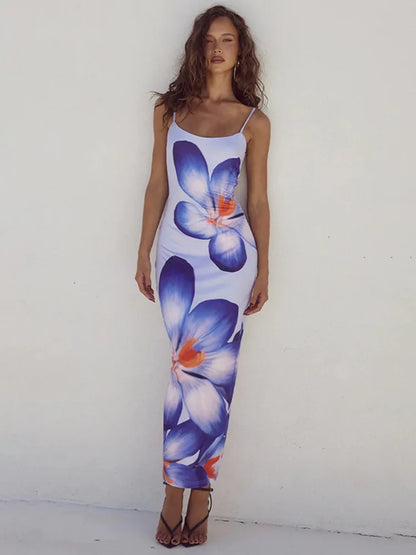 Women Floral Print Long Bodycon Strap Sleeveless Backless Midi Elegant Gown  Summer Dress