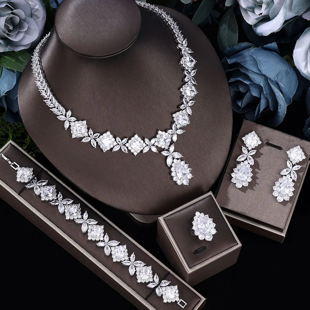 White Crystal Prom Wedding Jewelry Set Women's Accessories Flower Tassel Necklace Earrings Bridal Jewelry Set