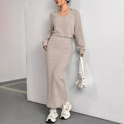 2025 Autumn/Winter New Style Casual Commuting Knitted Long Sleeve Set Hoodie Loose Dress Two Piece Set