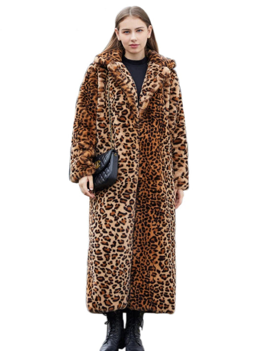 High Street Leopard Print Long Faux Fur Coat Fluffy Jacket for Women Winter Faux Rabbit Fur Trench Coat Plush Jackets