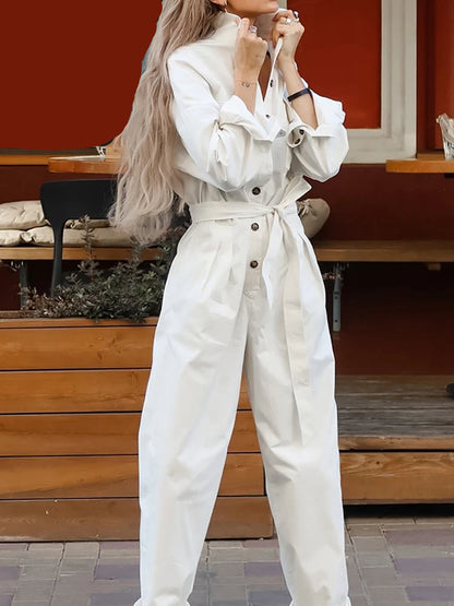 Long Jumpsuits Women Loose Long Sleeve Single Breasted Overalls White Pants 2025 Autumn Streetwear Casual Sashes