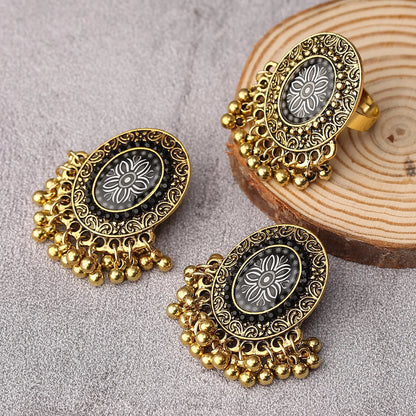 Afghan Gold Silver Color Alloy Big Earrings for Women Crystal Pearls Beads Earrings & Rings Sets Adjustable Indian Party Jewelry