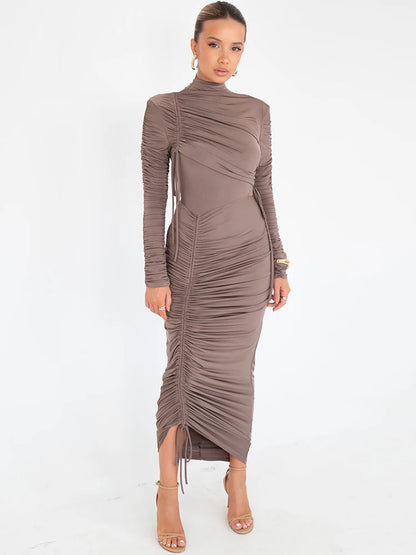 New Drawstring Turtle Neck Long Sleeve Roached Sexy Bodycon Maxi Dress For Women