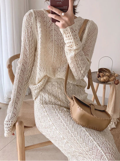 Skirt Two Piece Suit Knitted Dress Hollow Out New Round Neck Long Sleeve Fit Women Fashion Tide Autumn 2025 23KX517