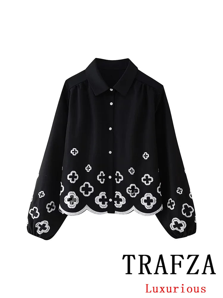 TRAFZA Vintage Casual Chic Women Suit Solid Black Embroidery Single Breasted Shirts Loose Long Pants Fashion 2024 Spring Sets