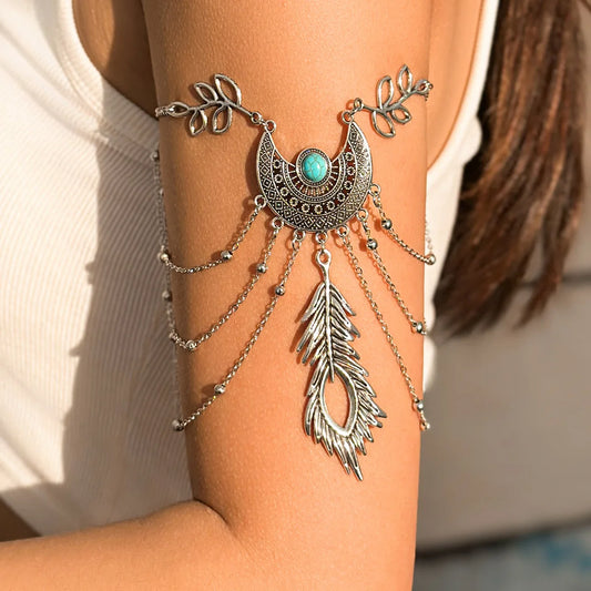 Boho Vintage Multilayer Chain Tassel Feather Upper Arm Cuff Bracelet for Women Silver Plated Fashion Armband Body Jewelry Gift