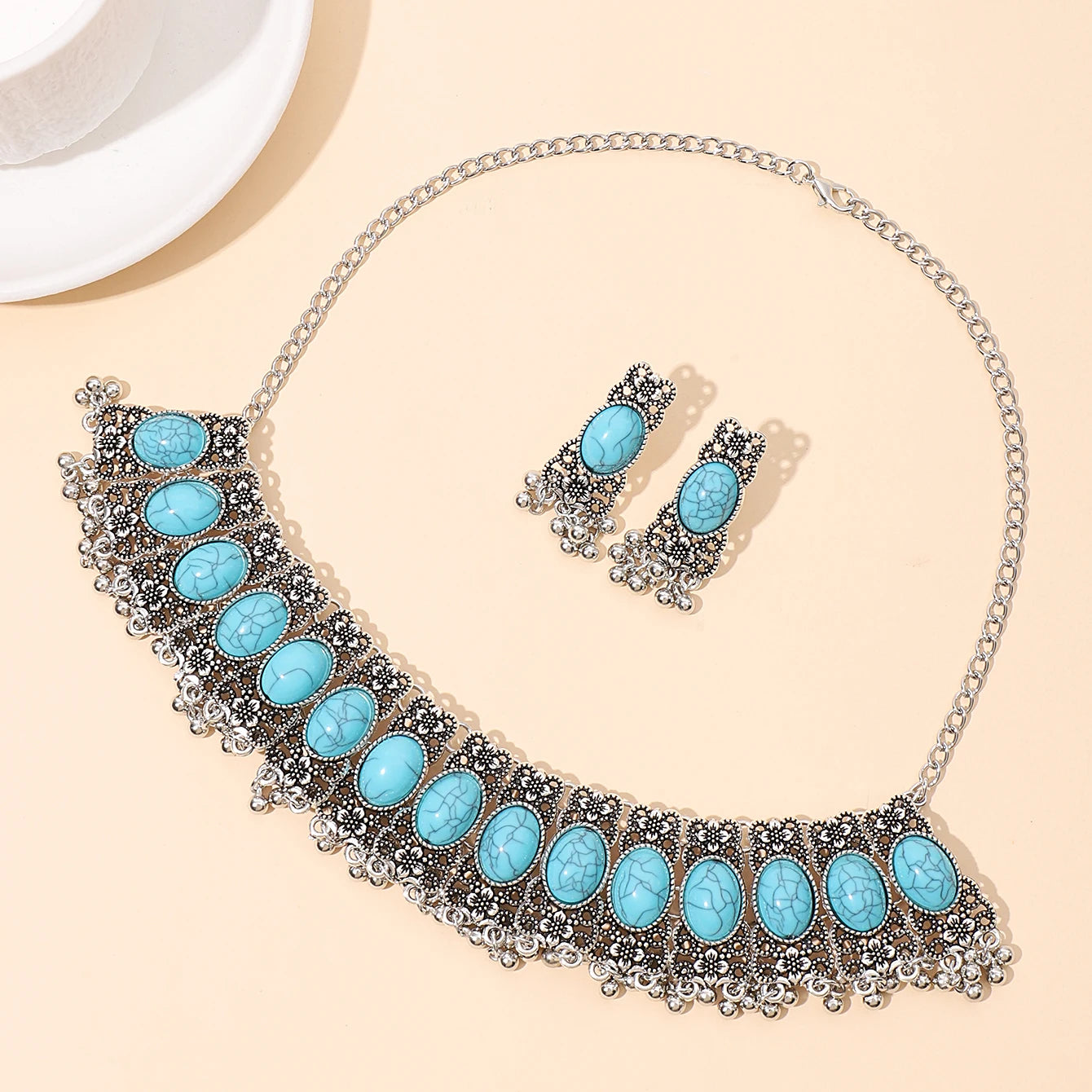 Boho Vintage Oval Turquoises Necklace Earring Jewelry Set for Women Silver Plated Geometric Tassel Blue Stone Women Sets