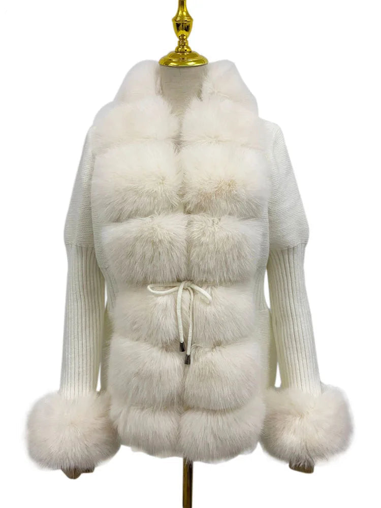 Luxury Fur Cardigan Knit Winter Sweater Women Elegant Detachable Fur Belt White Pink Black Womens Cardigan Korea Style